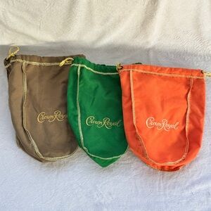 Lot of 3 Crown Royal Drawstring Bags Mixed Colors: Green, Orange, & Brown.
